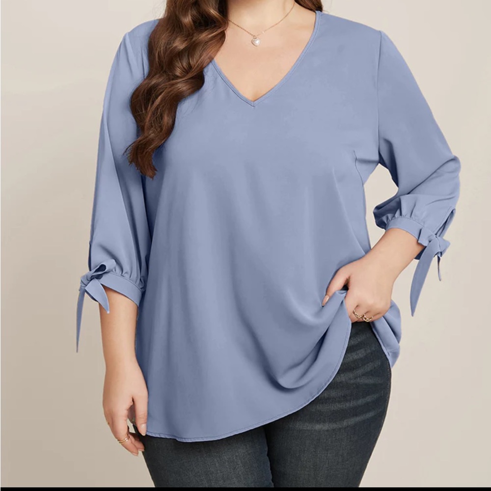 Plain Knotted Sleeve V Neck Blouse